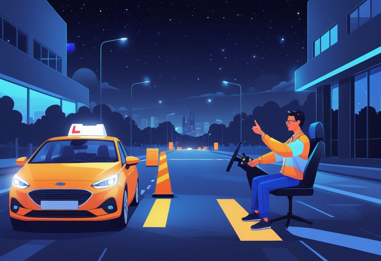 A night shift worker in a car receiving driving instruction on a quiet street at night with city lights in the background.