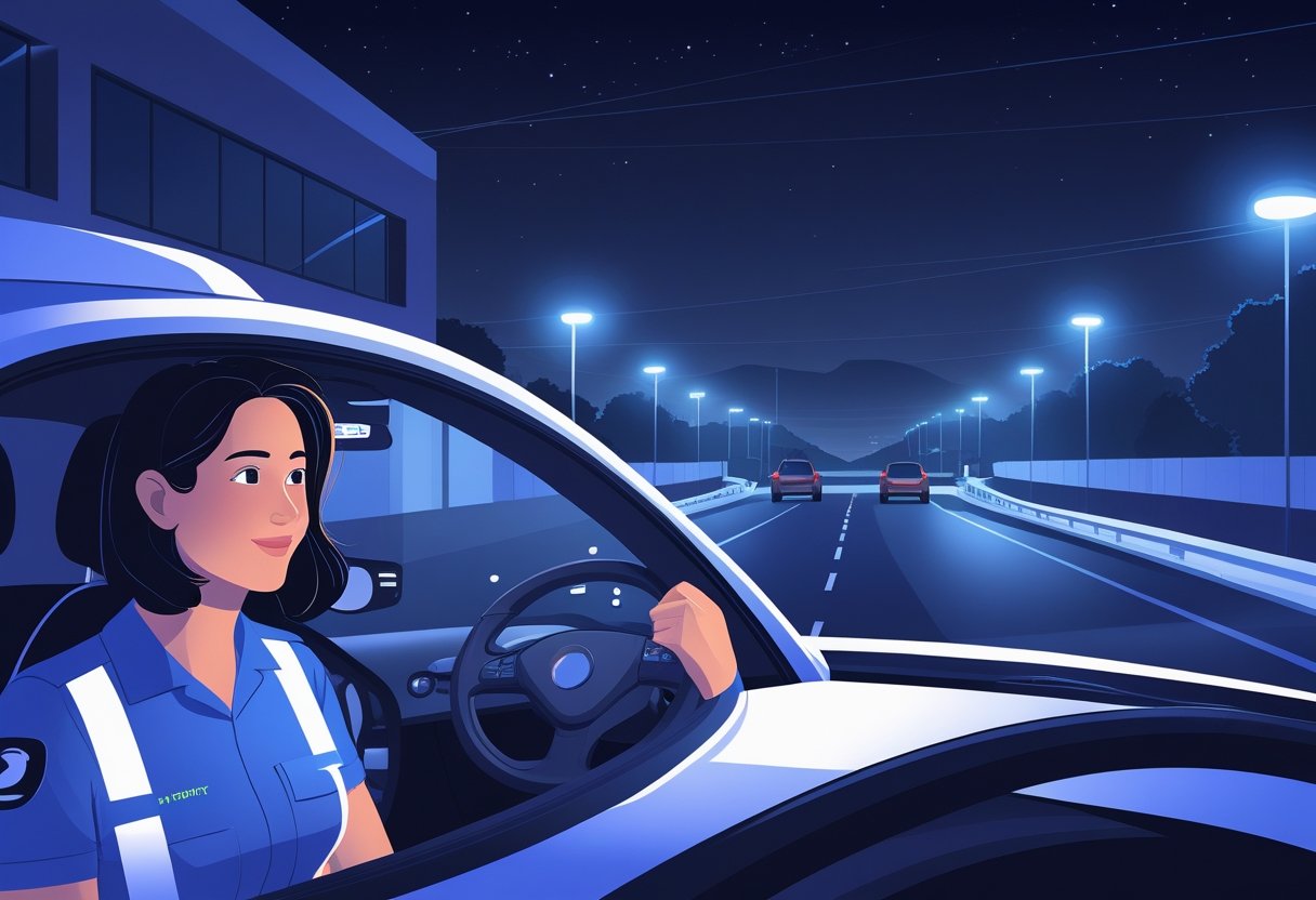 A night shift worker receiving driving instruction at a driving school during the night, with a driving instructor and a car under streetlights in a quiet urban setting.