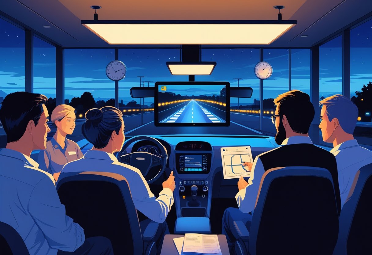 A group of adults learning to drive at night in a classroom with a driving simulator and instructor, with a dark sky visible through the windows.