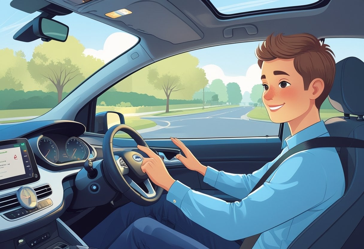 A driving instructor and a learner sitting together in a car on a quiet suburban street, both appearing calm and focused.