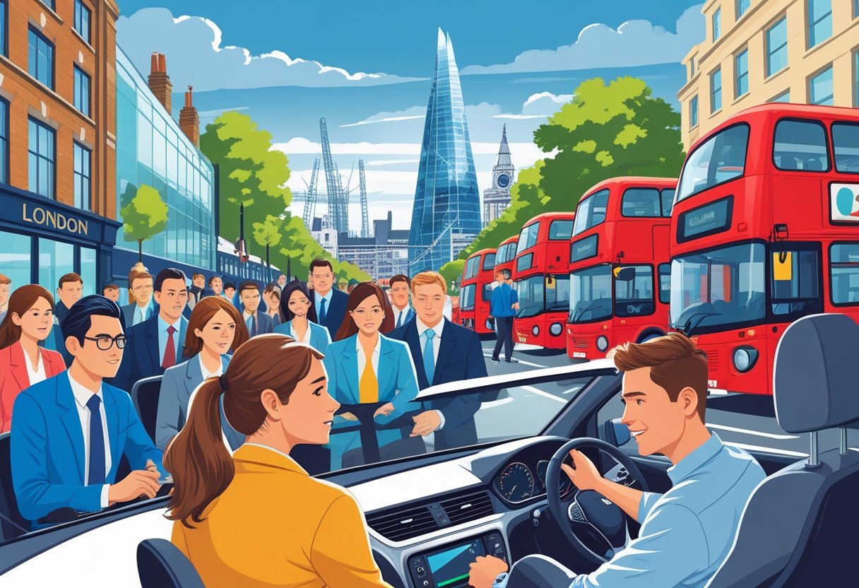 A busy London street with office workers facing commuting challenges and a person learning to drive with an instructor in a car, with London landmarks in the background.