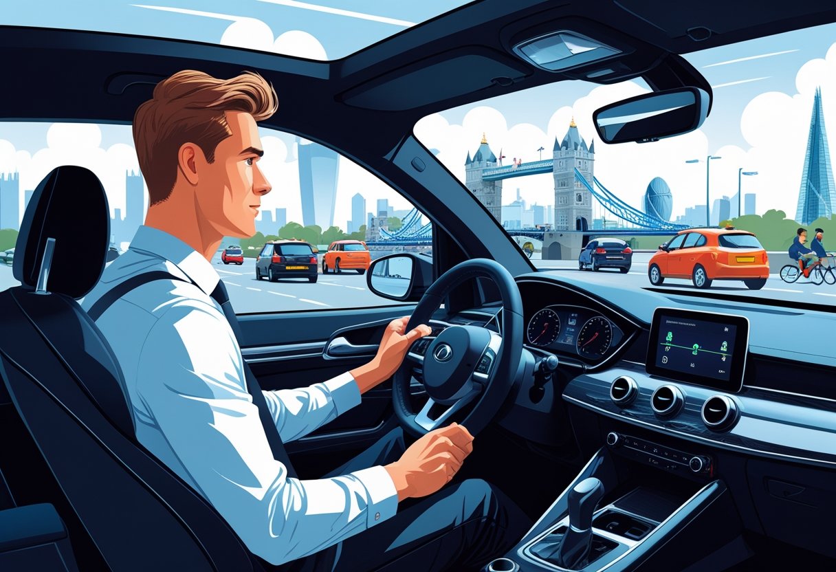 A professional sitting in the driver's seat of a car on a London street with city landmarks visible outside.