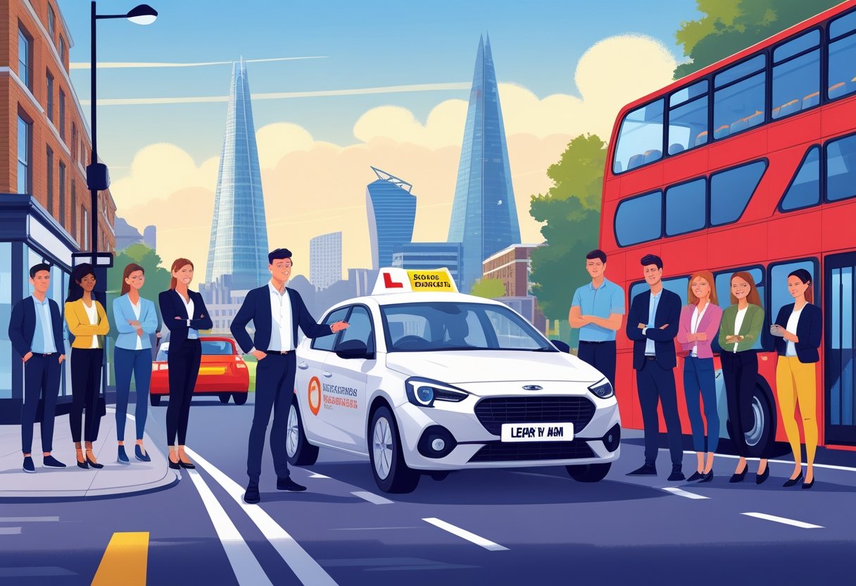 A driving instructor with a learner car and a group of professionals on a London street with landmarks and traffic elements.