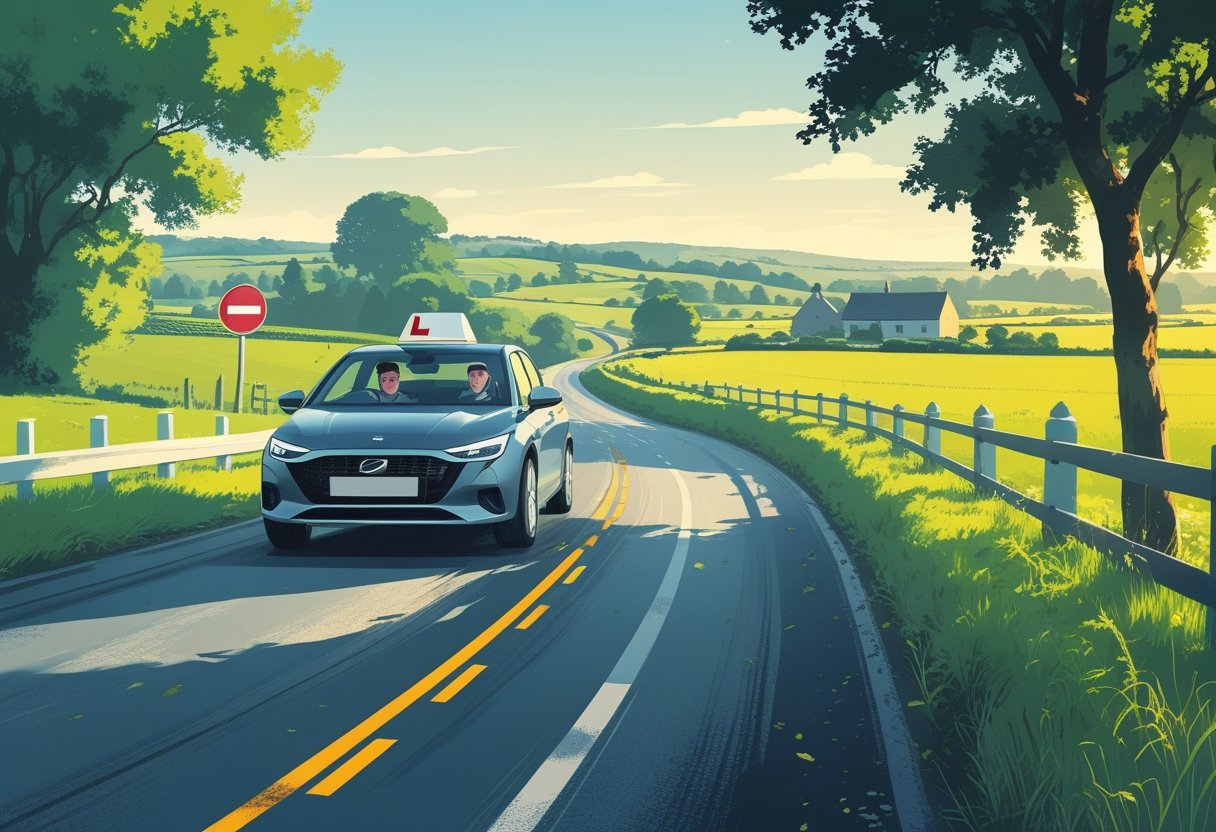 A learner driver and instructor in a car on a quiet country road with green fields and hills around.