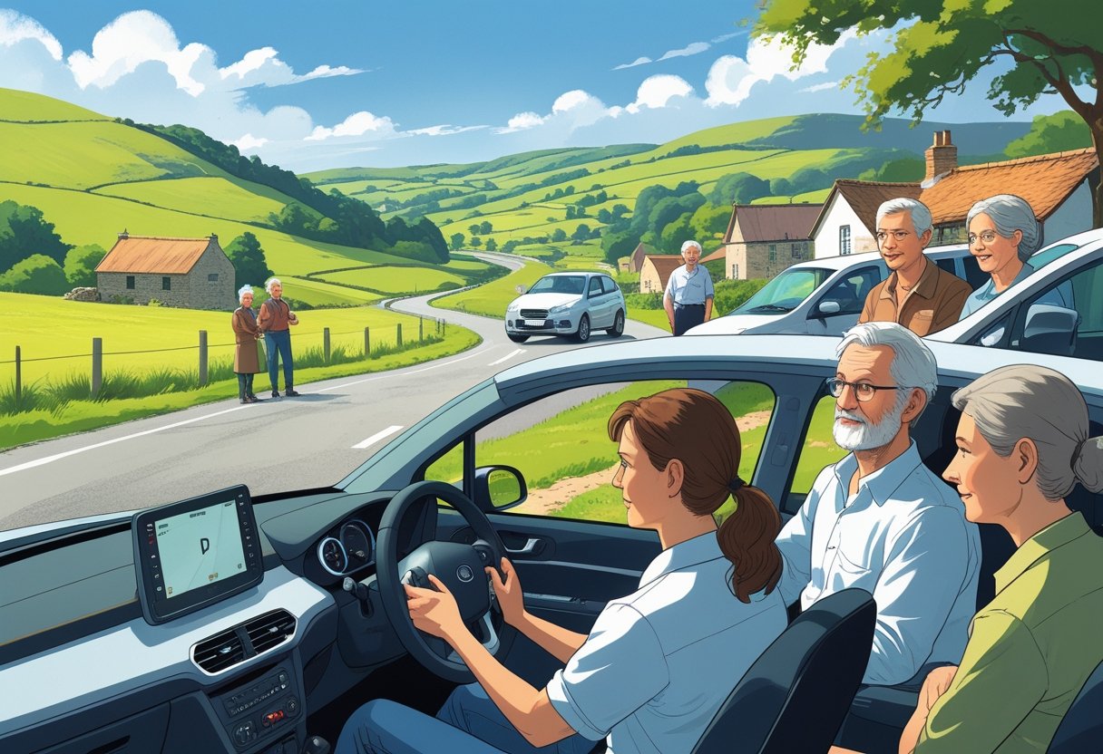 A group of rural residents learning to drive on a country road with a driving instructor in a car and others watching nearby.
