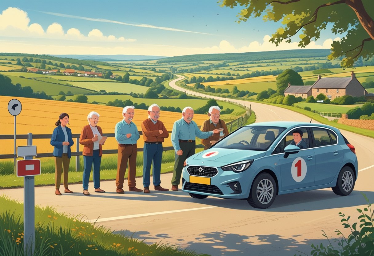 A group of rural residents standing by a driving school car on a country road with fields and farmhouses nearby, receiving driving instruction.