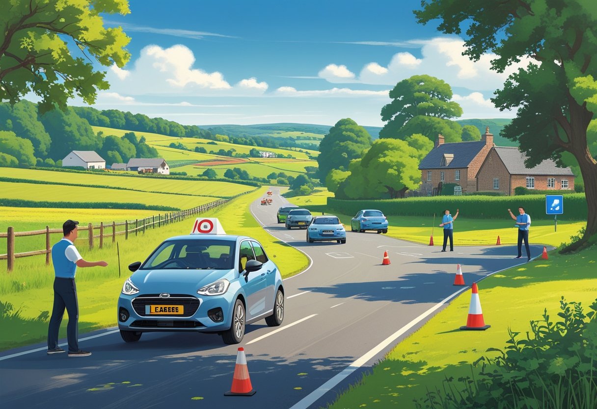 Learners receiving driving lessons on a quiet country road with green fields and farm buildings in the background.
