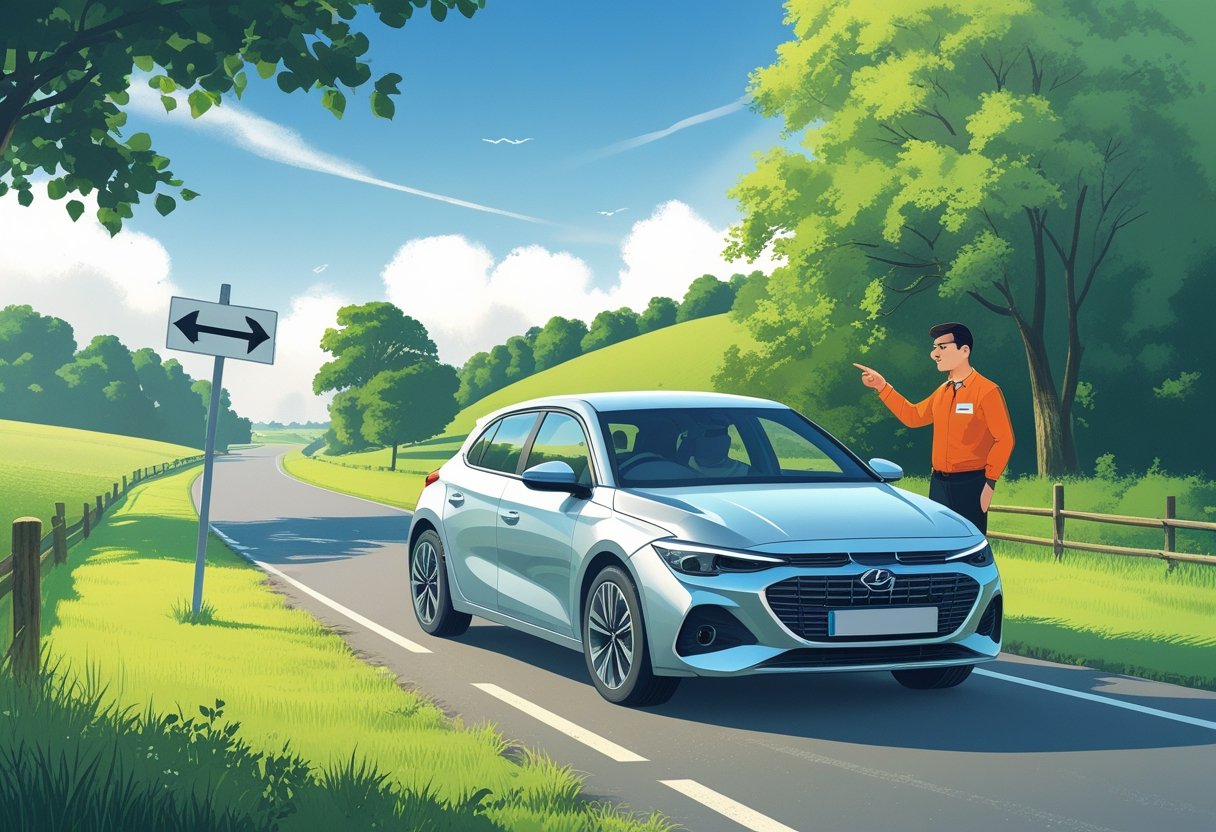 A learner driver and instructor in a car on a quiet country road surrounded by green fields and trees.