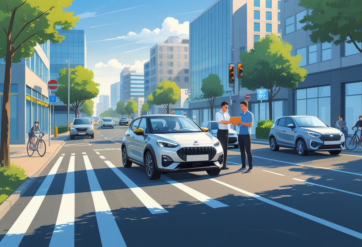 A driver and instructor in a car on a busy city street with buildings, other vehicles, and cyclists around.