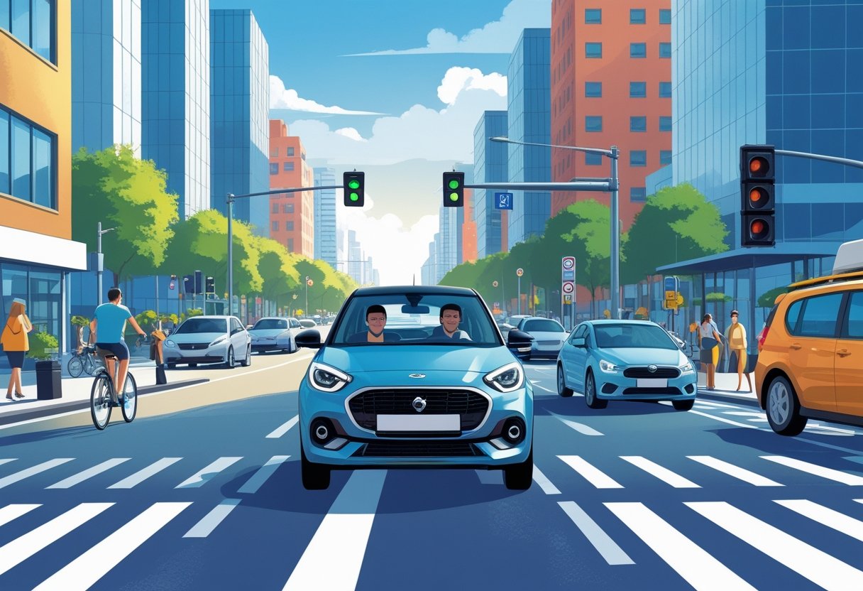 A driver in a modern car navigating a busy city street with tall buildings, pedestrians, cyclists, and buses around.