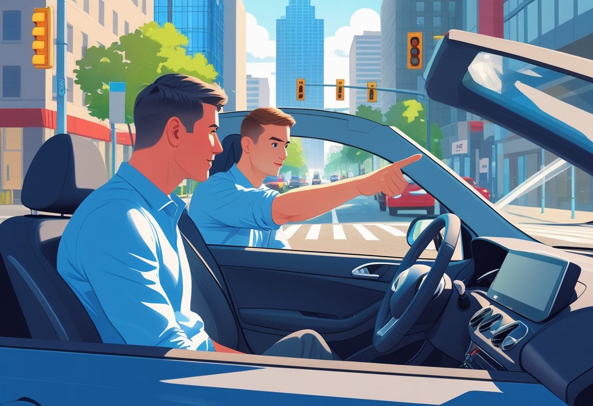 A young adult receiving driving instruction inside a car on a busy city street with tall buildings and traffic lights visible outside.