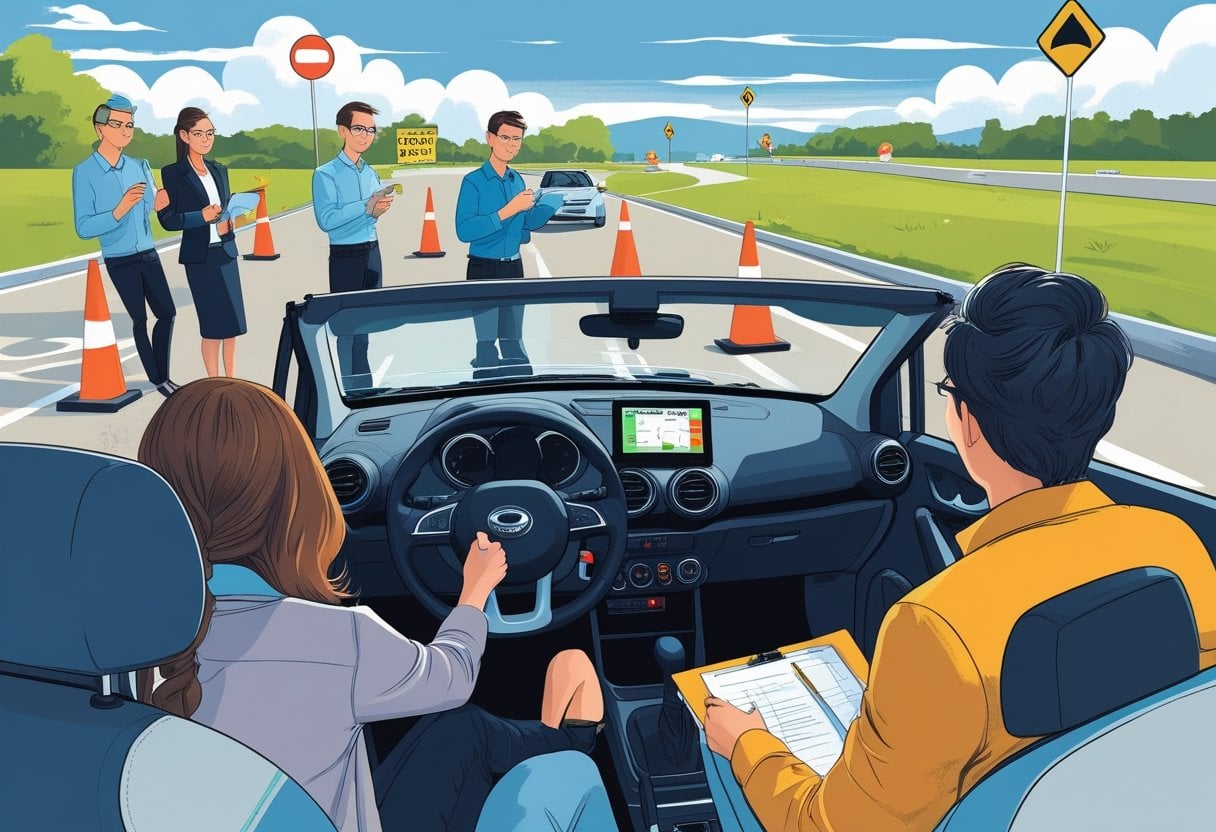 A group of journalists learning to drive in a driving school with an instructor guiding one person behind the wheel and others watching and taking notes.