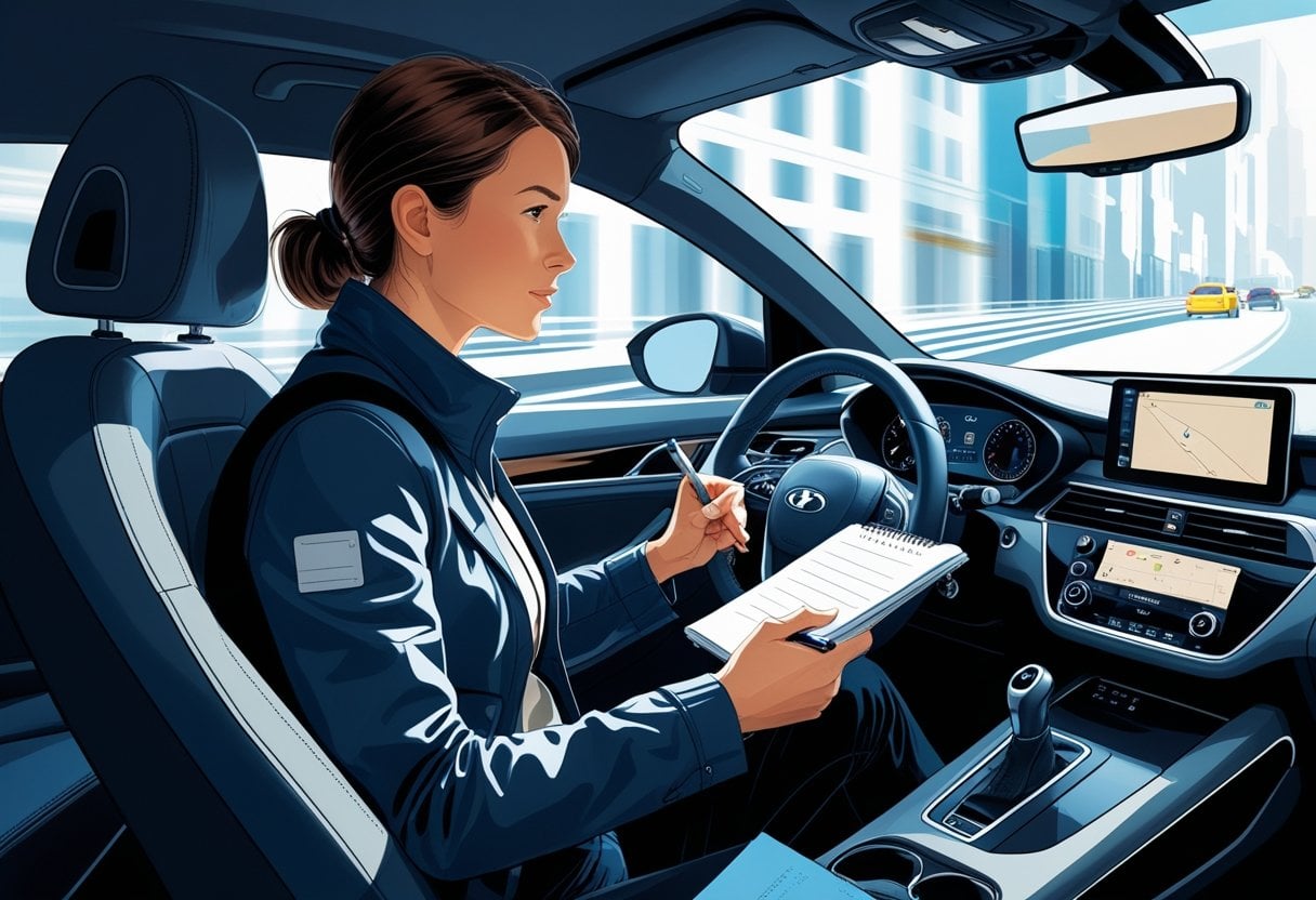 A journalist sitting in the driver's seat of a car, holding a notepad and pen, driving attentively through city streets with a camera on the passenger seat.