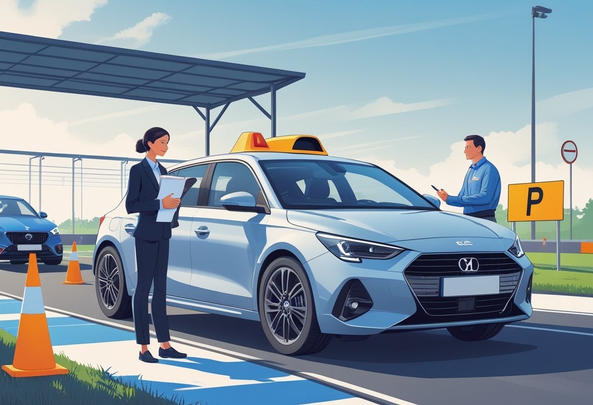 A journalist listening to a driving instructor next to a car on a training track with road signs and cones around.