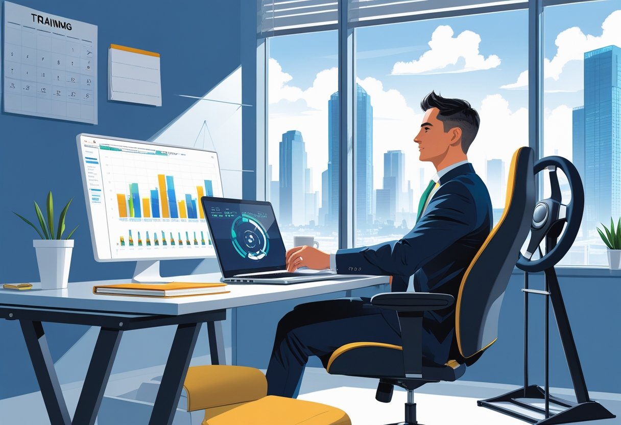 A financial advisor in business attire sits at a desk with a laptop and driving simulator equipment in a modern office with a city view.