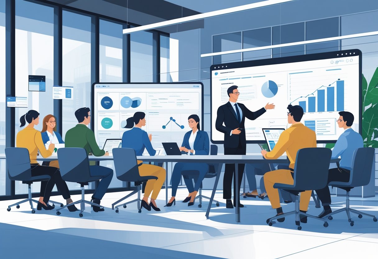 A group of financial advisors in a modern office attending a training session led by an instructor using a digital screen, with charts and devices showing financial data.