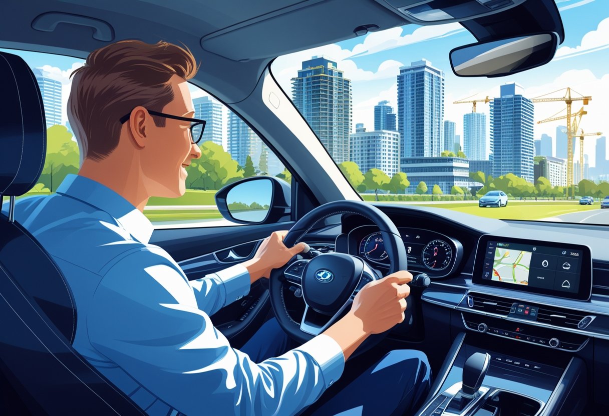 A real estate developer driving a car with an instructor beside them, city buildings and construction sites visible through the windows.