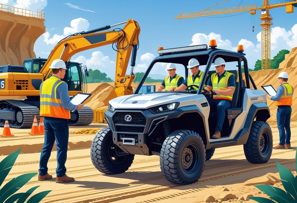 Construction managers in safety gear receiving driving instruction in an off-road vehicle at a busy construction site with machinery in the background.