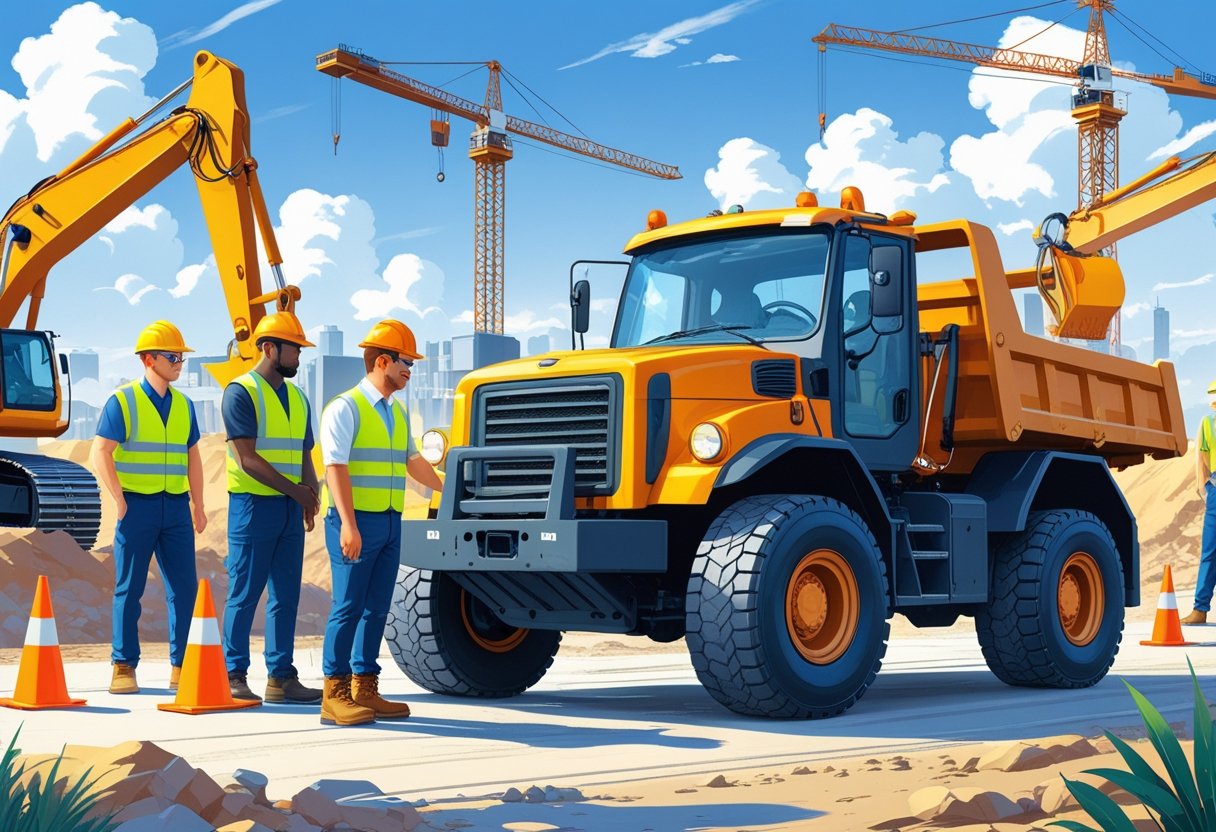 Construction managers wearing safety gear participating in a driving training session with a driving instructor at a construction site.