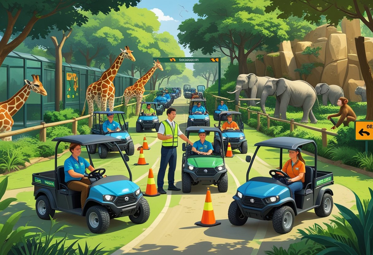 Zookeepers learning to drive small vehicles on a marked course inside a zoo with animals nearby and an instructor guiding them.