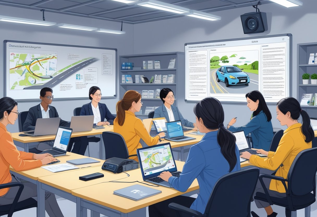 A group of people in a classroom using driving simulators and laptops, engaged in a training session for translators learning to drive.
