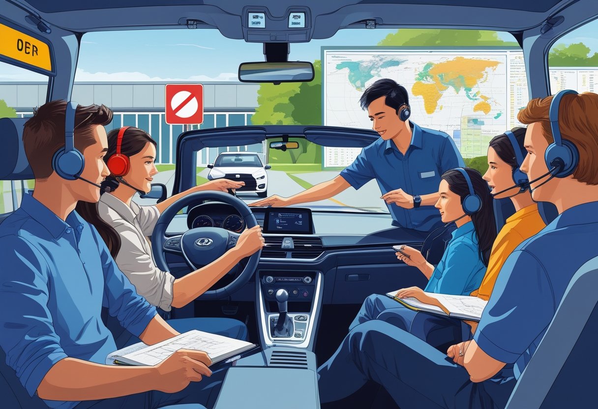 A group of interpreters participating in a driving lesson with an instructor inside a car and others watching nearby in a classroom setting.
