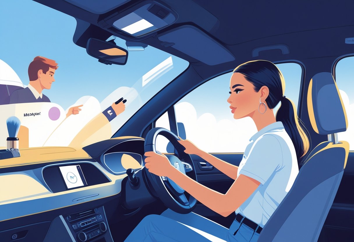 A makeup artist sitting in the driver's seat of a car with an instructor standing beside, in a driving training area.