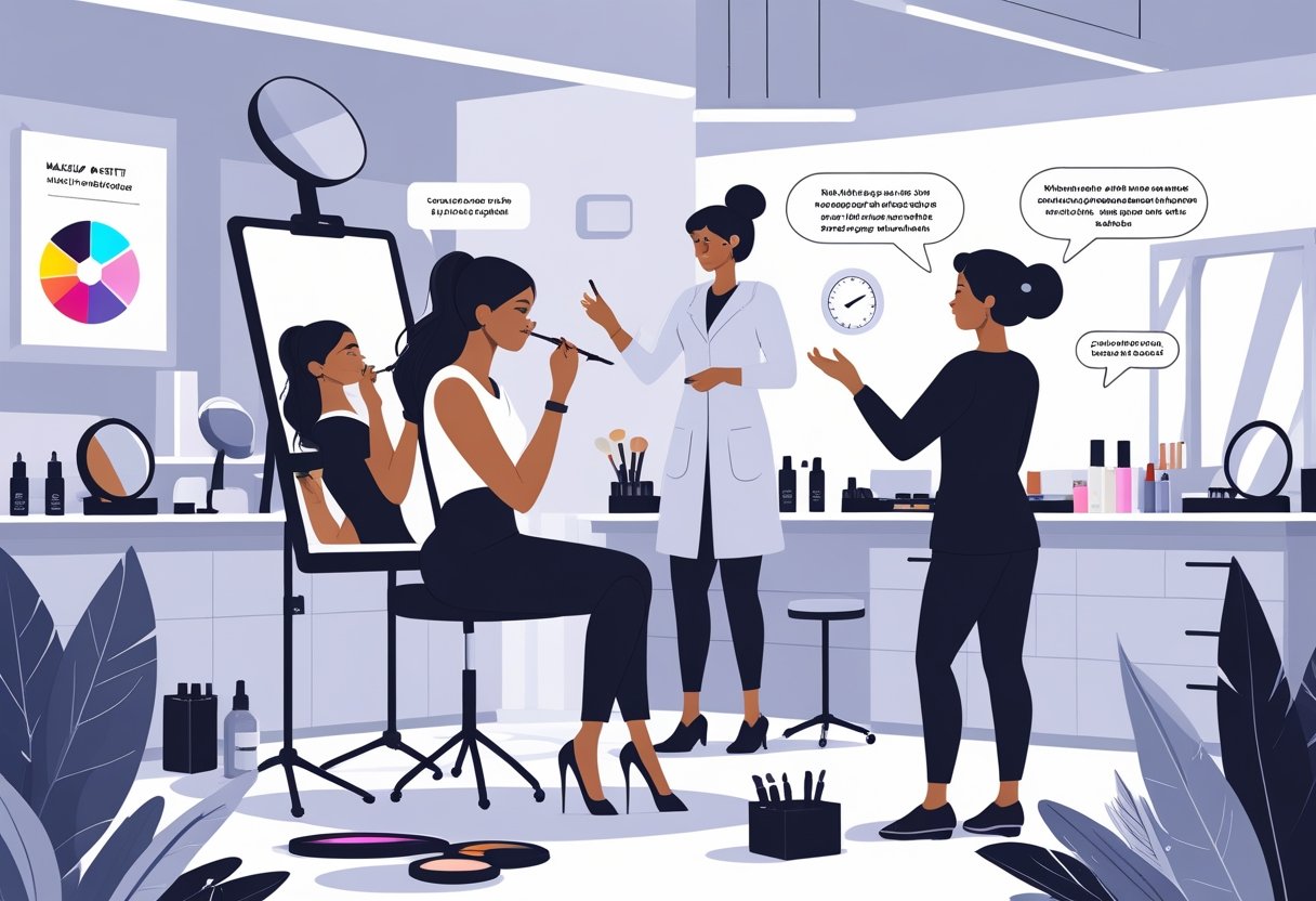 A makeup artist applying makeup to a client in a studio while being guided by an instructor, with makeup tools and symbolic icons representing challenges around them.