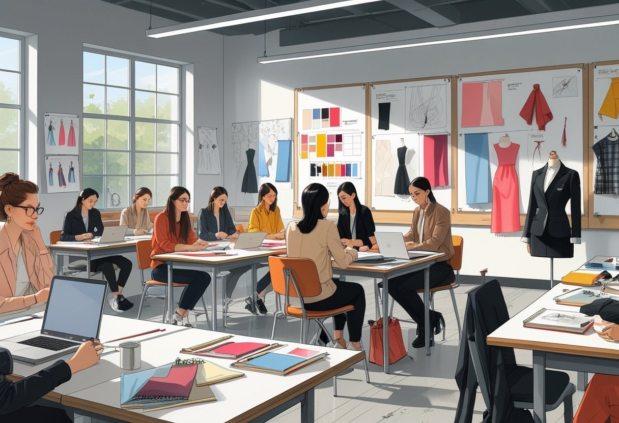 A group of fashion design students learning in a classroom with an instructor demonstrating on a mannequin surrounded by sketches and fabric samples.