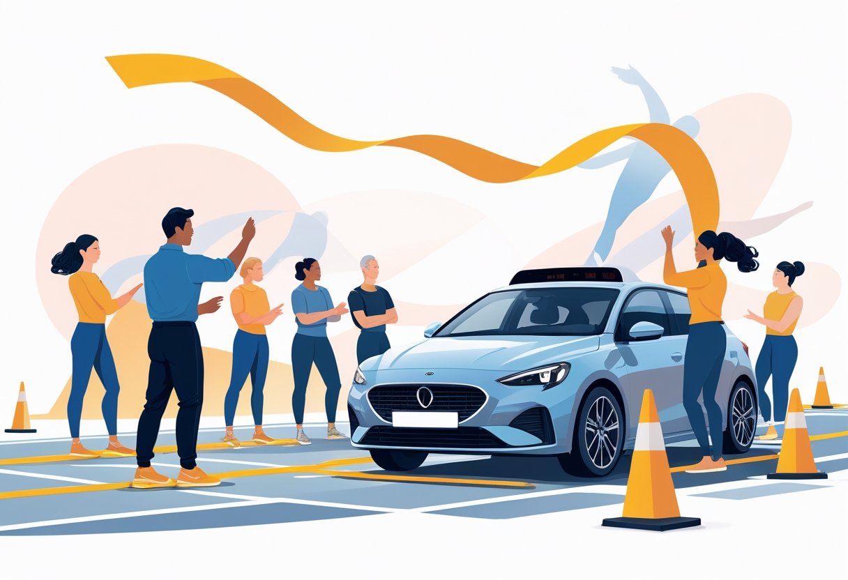 A group of adults learning to drive with an instructor at a driving school, with abstract dance elements in the background symbolising choreography.