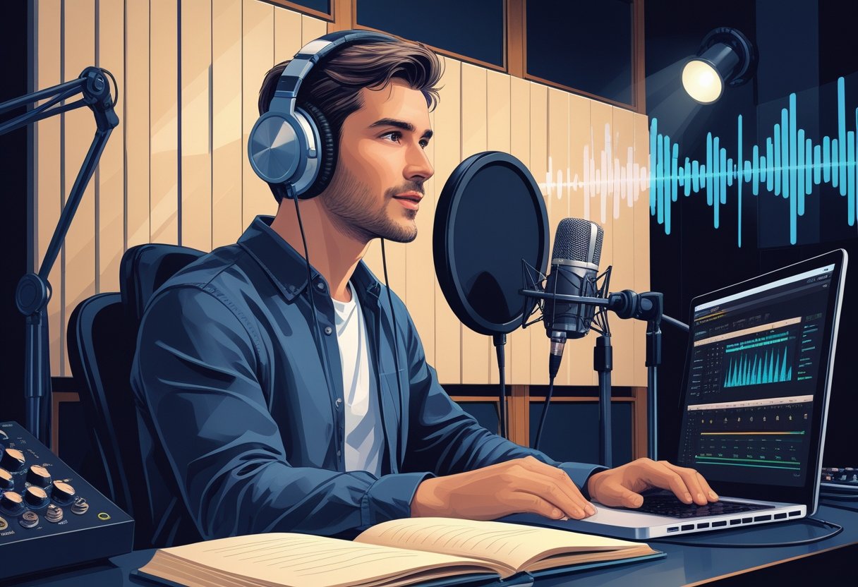 A voice actor wearing headphones speaking into a microphone in a recording studio surrounded by soundproof panels and recording equipment.