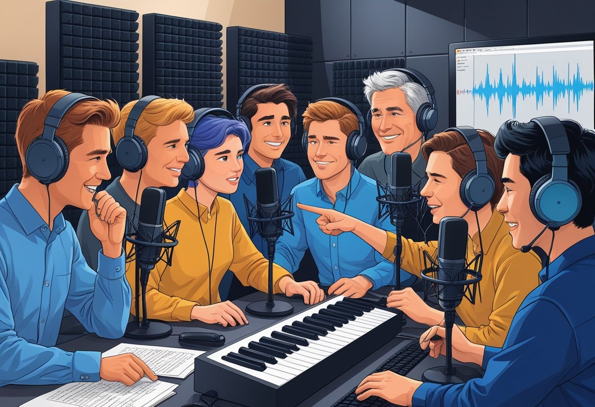 A group of voice actors in a recording studio being guided by an instructor, with microphones, headphones, and audio equipment around them.