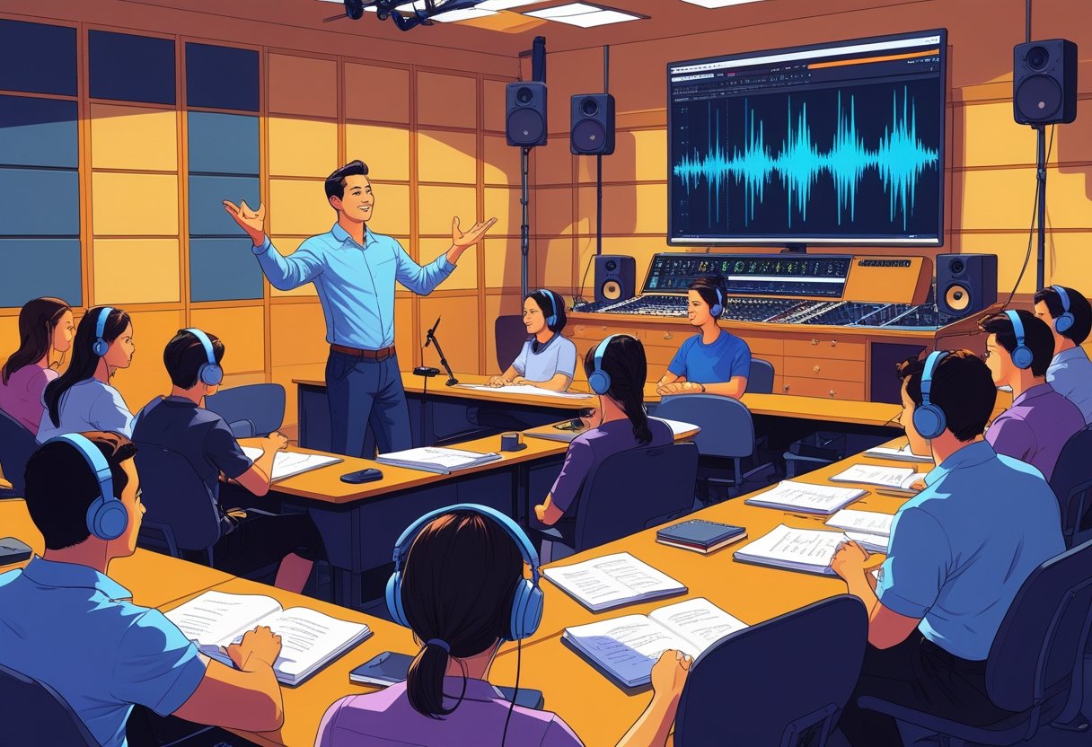 A classroom with an instructor demonstrating voice techniques to a group of students using microphones and recording equipment.