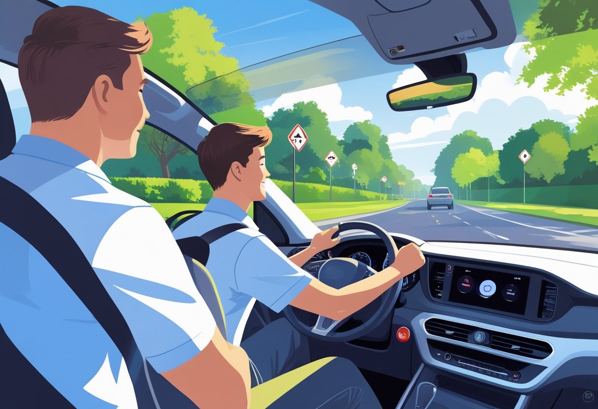 A young driver and instructor in a car on a quiet suburban road during a driving lesson.
