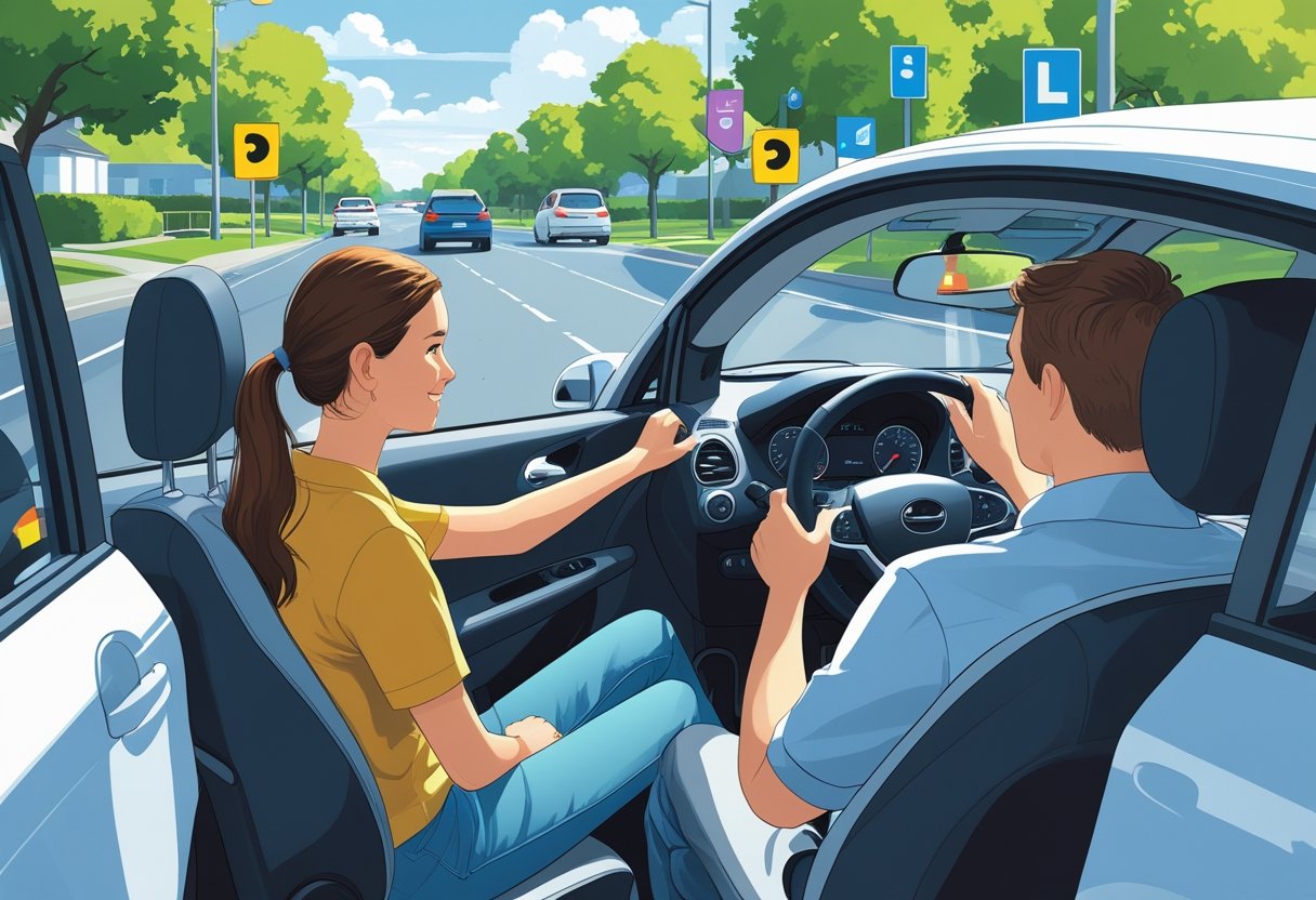 A young person driving a car with an instructor beside them on a suburban street during a driving lesson.