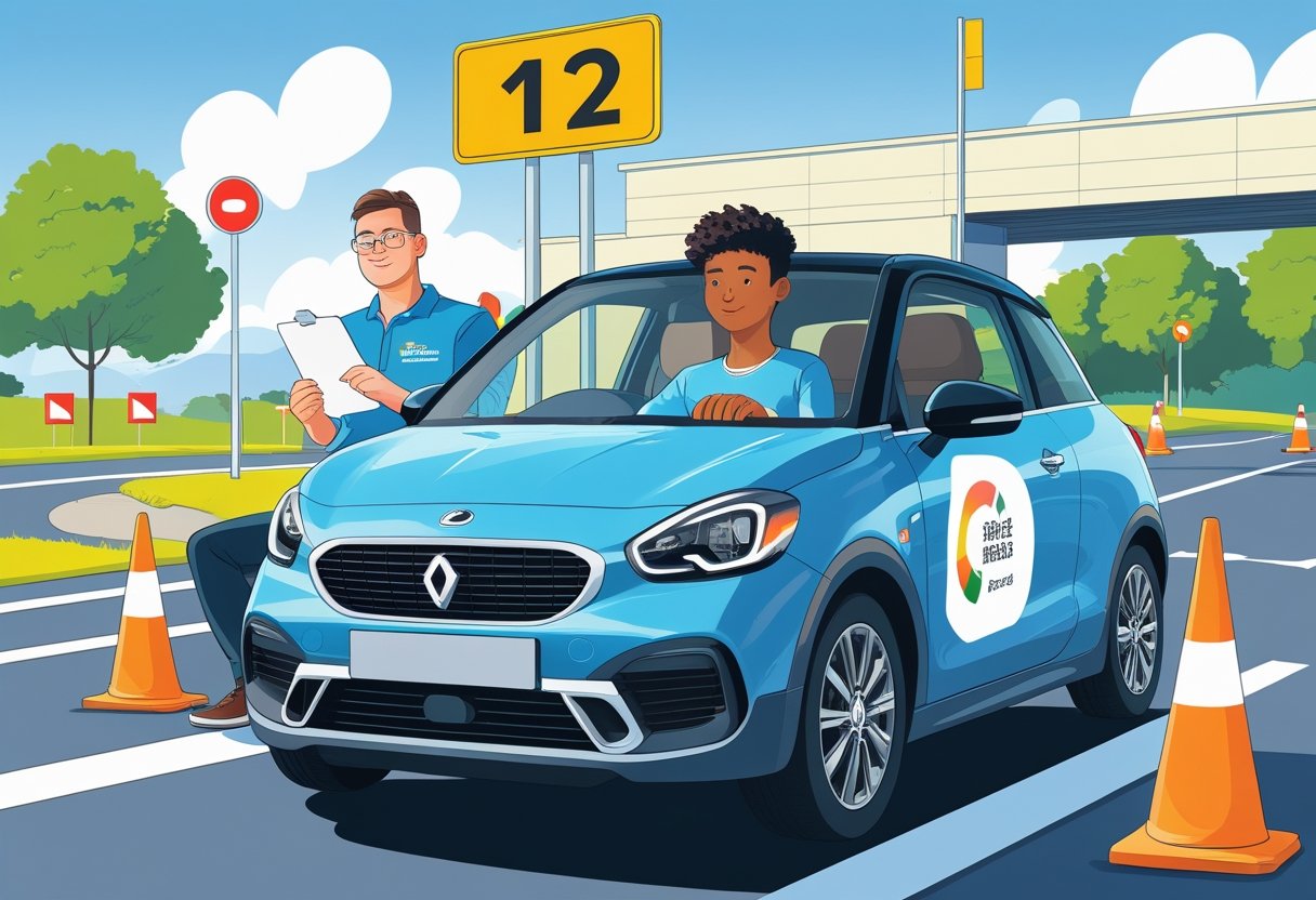 A young adult driver and an instructor in a driving school car practicing driving in a safe, marked area.