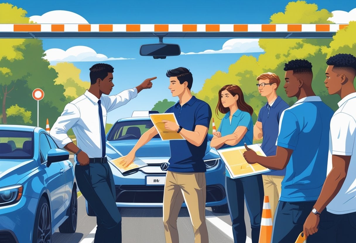 A group of young adults aged 22 to 24 participating in a driving lesson with an instructor in a car, surrounded by road signs and cones.