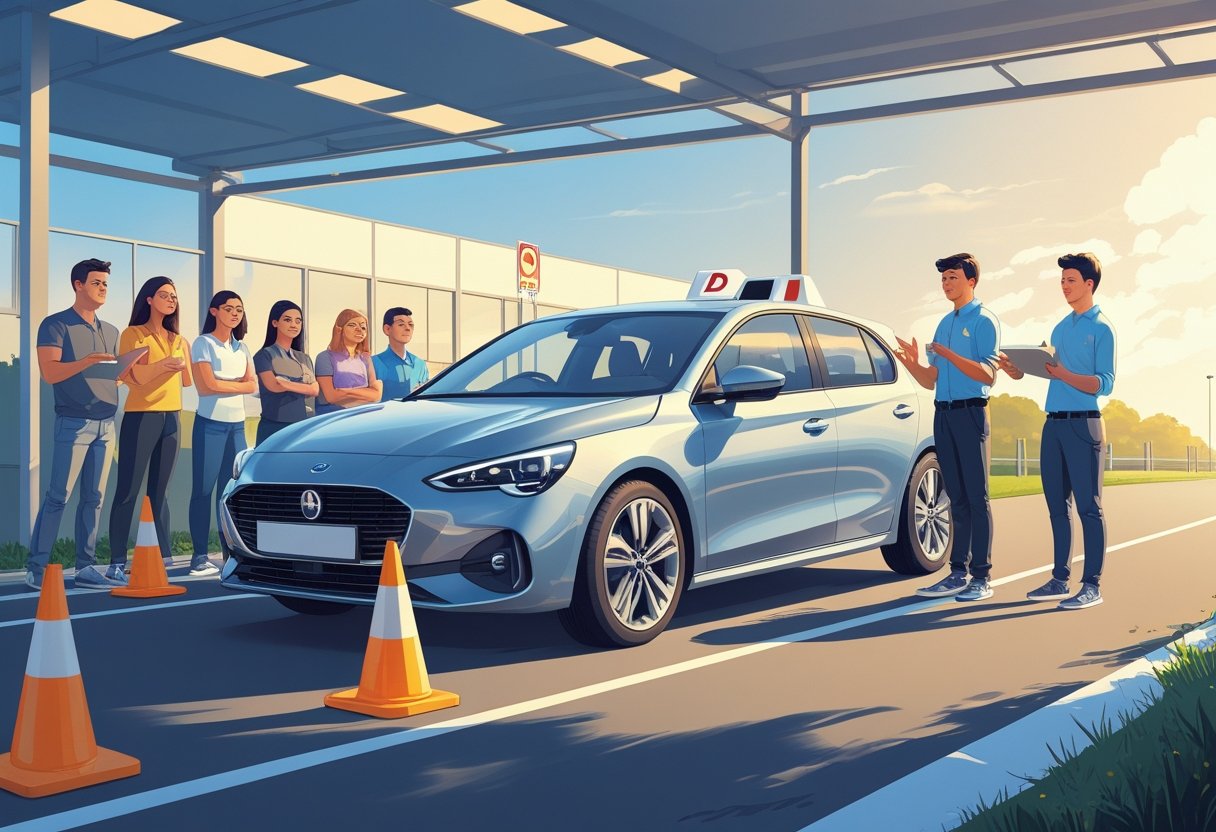 A group of young adults aged 25 to 27 learning to drive with an instructor beside a car on a training track.