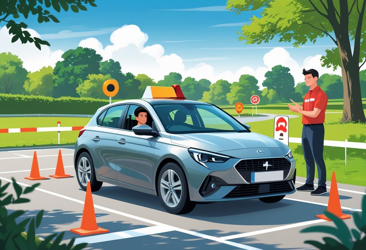 A young adult driving a car on a marked driving course with a driving instructor watching nearby.