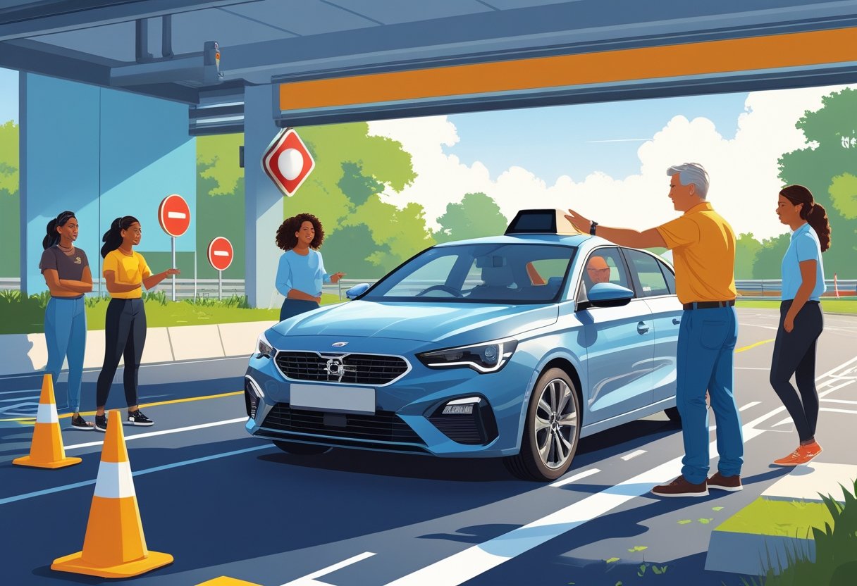 Three young adults practising driving with an instructor at a driving school on a training track.
