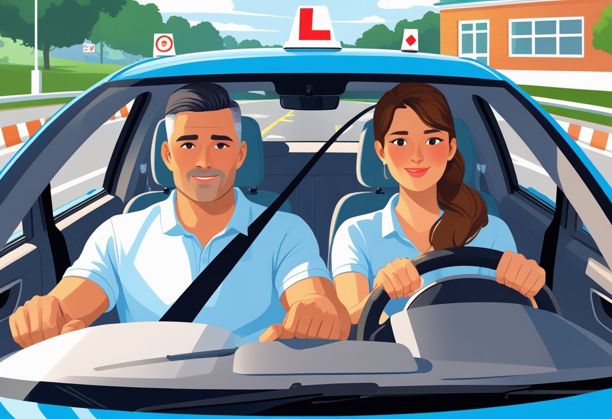 A man and woman aged 41 to 45 learning to drive in a car with a driving instructor in a safe driving environment.
