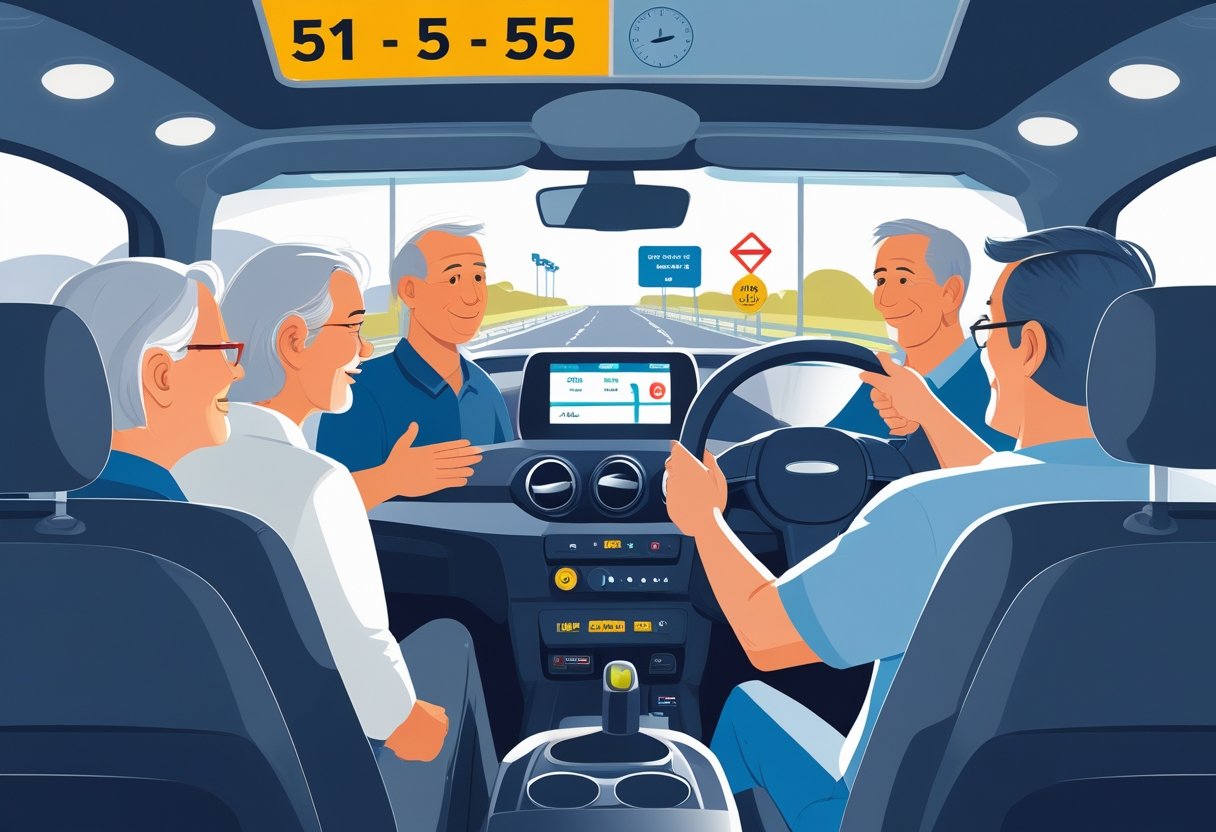 Middle-aged adults learning to drive with an instructor in a driving school setting.