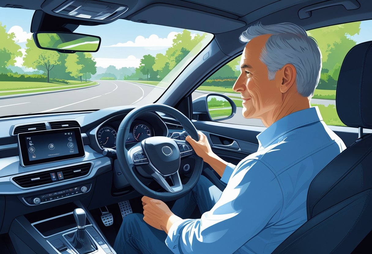 A middle-aged person driving a car on a clear road in a suburban area, looking focused and confident.