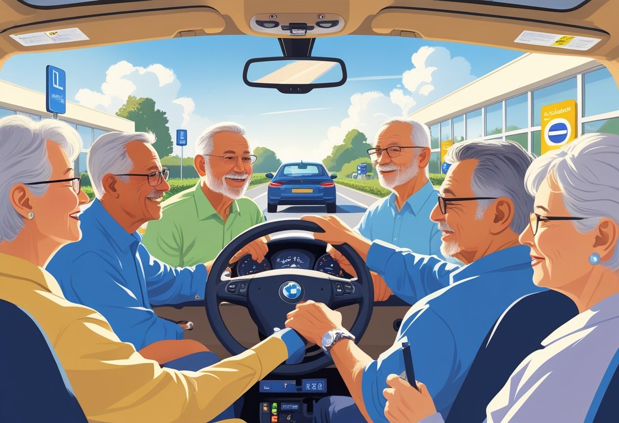 A group of older adults learning to drive with an instructor in a modern driving school setting.
