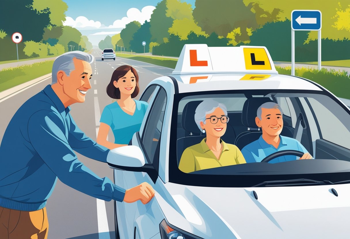 A middle-aged man and woman receiving driving instruction from an instructor beside a driving school car on a quiet suburban road.
