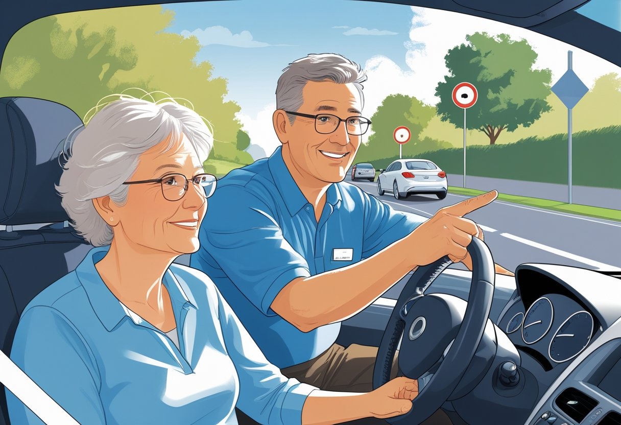 A mature learner aged 56 to 60 being guided by a driving instructor inside a car on a suburban road.