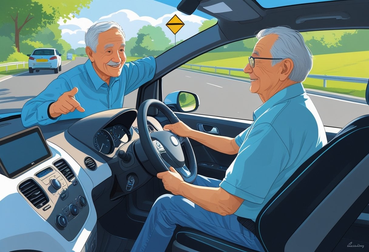 An elderly person receiving a driving lesson from an instructor in a car on a quiet suburban road.