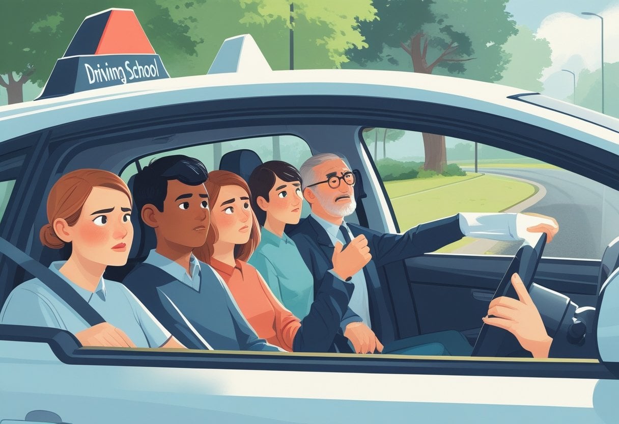 A driving instructor calmly guiding anxious learners inside a car on a quiet suburban street, showing support and encouragement.