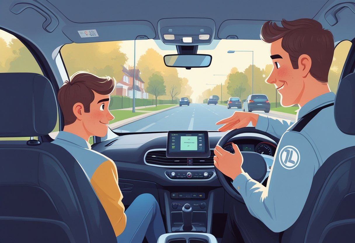 A learner driver looks slightly anxious inside a car while a friendly driving instructor offers reassuring guidance during a driving lesson.