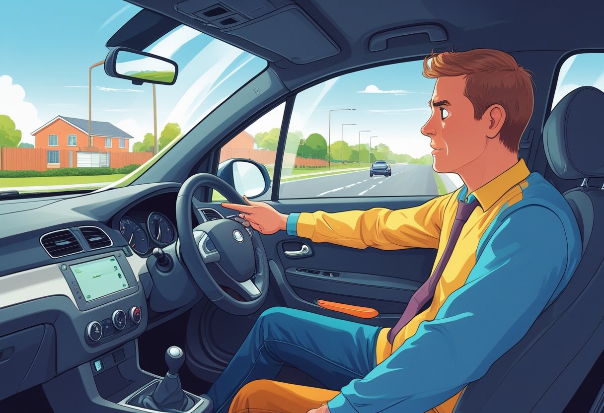 A driving instructor calmly guides a nervous learner in a car on a quiet suburban street during a driving lesson.